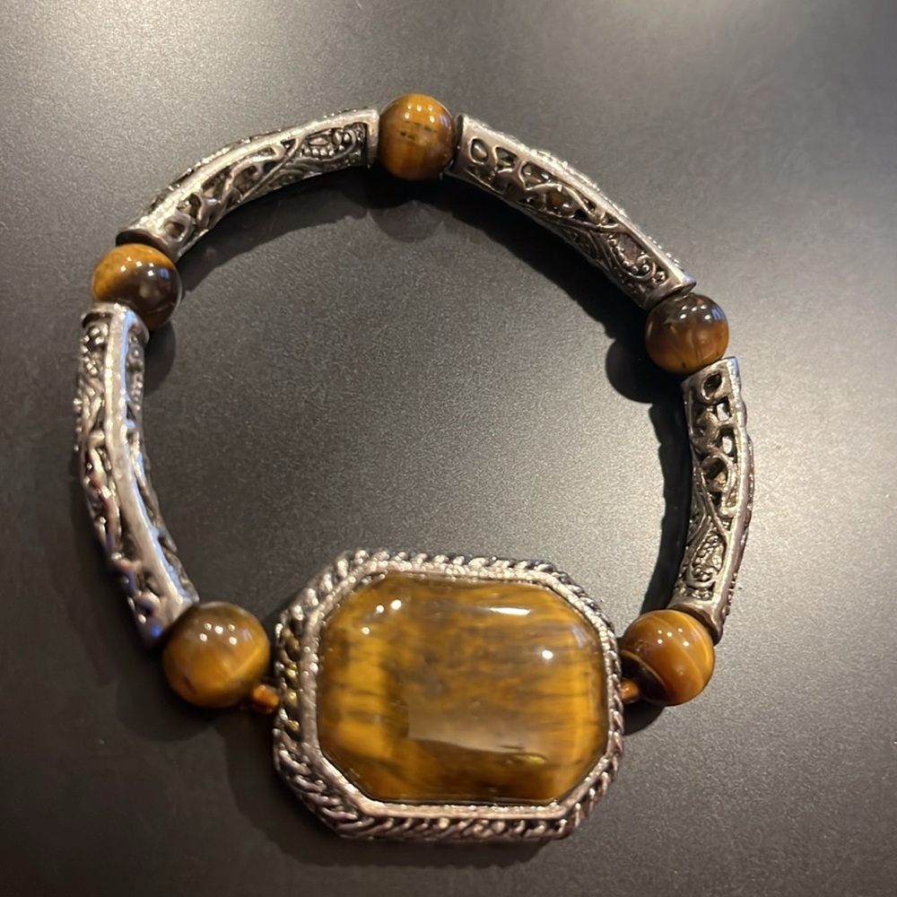 Big Tigers Eye Silver Statement Stretch Bracelet - image 7
